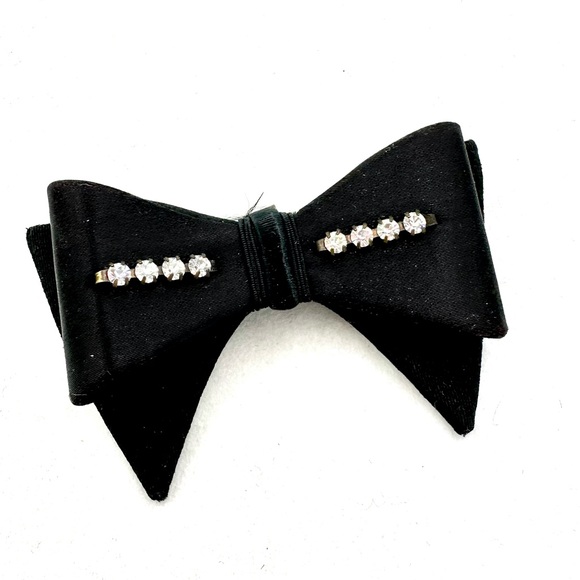 Vintage Black Bow Clear Rhinestone Shoe Clips Fancy Black Tie - Picture 9 of 11